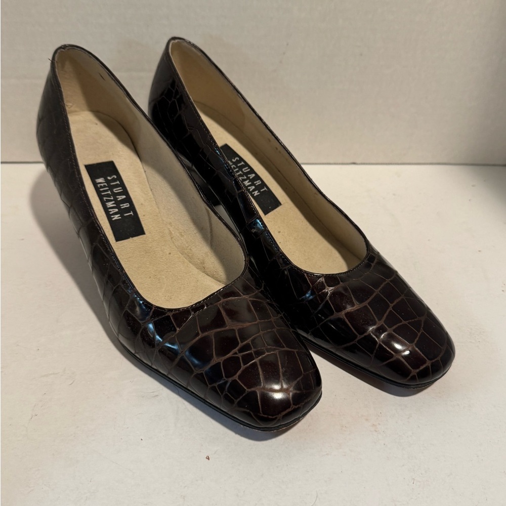 Stuart Weitzman Dark Brown Croc-Pattern Loafers - image 1